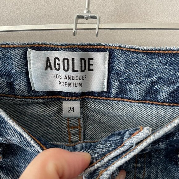 Agolde Parker Denim Shorts Caution Blue Raw Hem Mid-Rise Medium Wash  24 - Picture 9 of 9